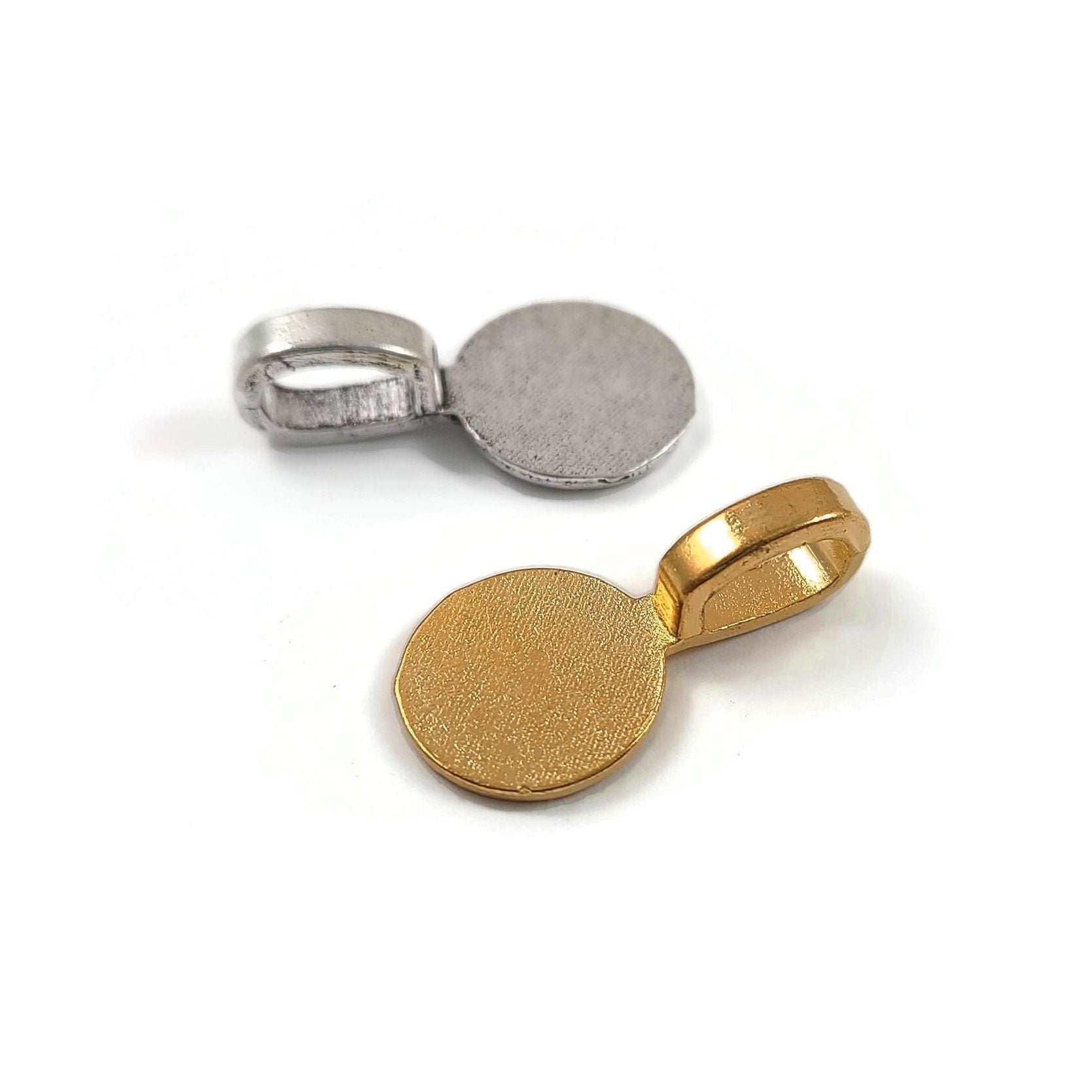 Hypoallergenic glue on bails, Round flat pad, Nickel free jewelry findings, Gold, Silver