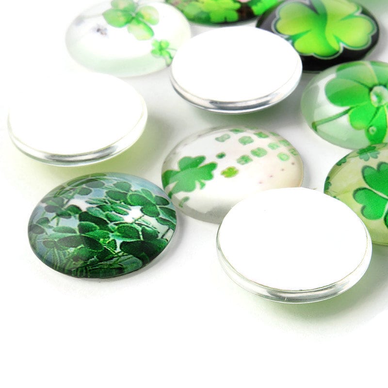 Four leaf clover glass cabochons, 12mm flat round domed cabochons, Set of 50 mixed, Jewelry making