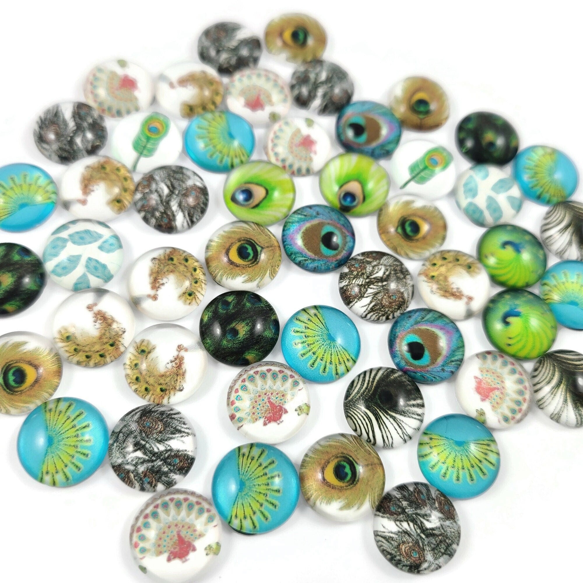12mm mixed feather glass cabochons, Bulk flat round domed cabochons