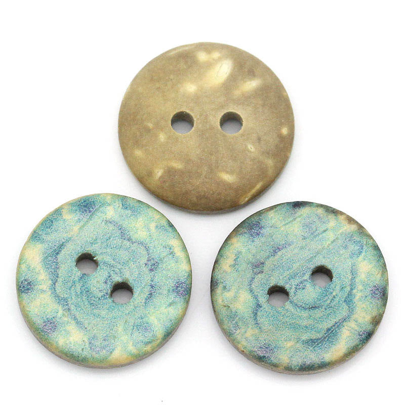 6 Coconut Shell Buttons 15mm - Aqua Blue Pattern