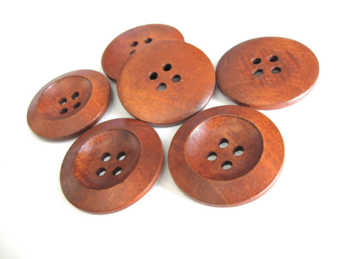 Red brown Wooden Sewing Buttons 30mm - set of 6 natural wood button