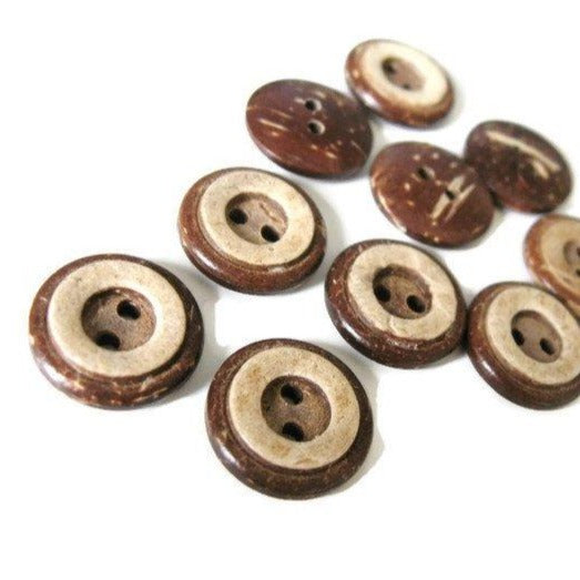 10 Boutons en bois de coco 13 ou 15mm - motif cercle rustique