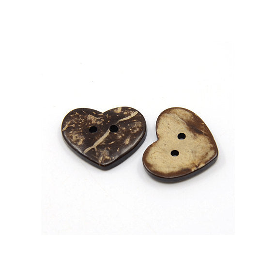 10 Brown Coconut Shell Buttons 20mm - Heart shape