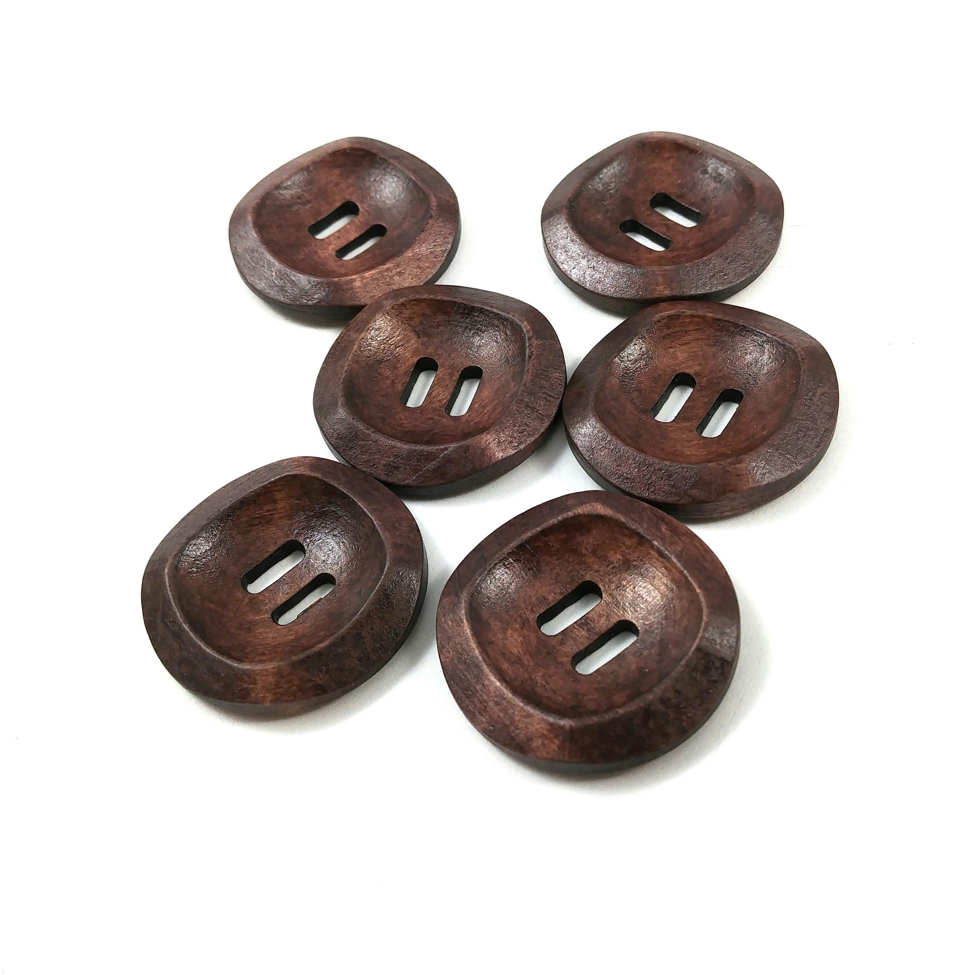 6 Dark Brown Wooden Sewing Buttons 30mm