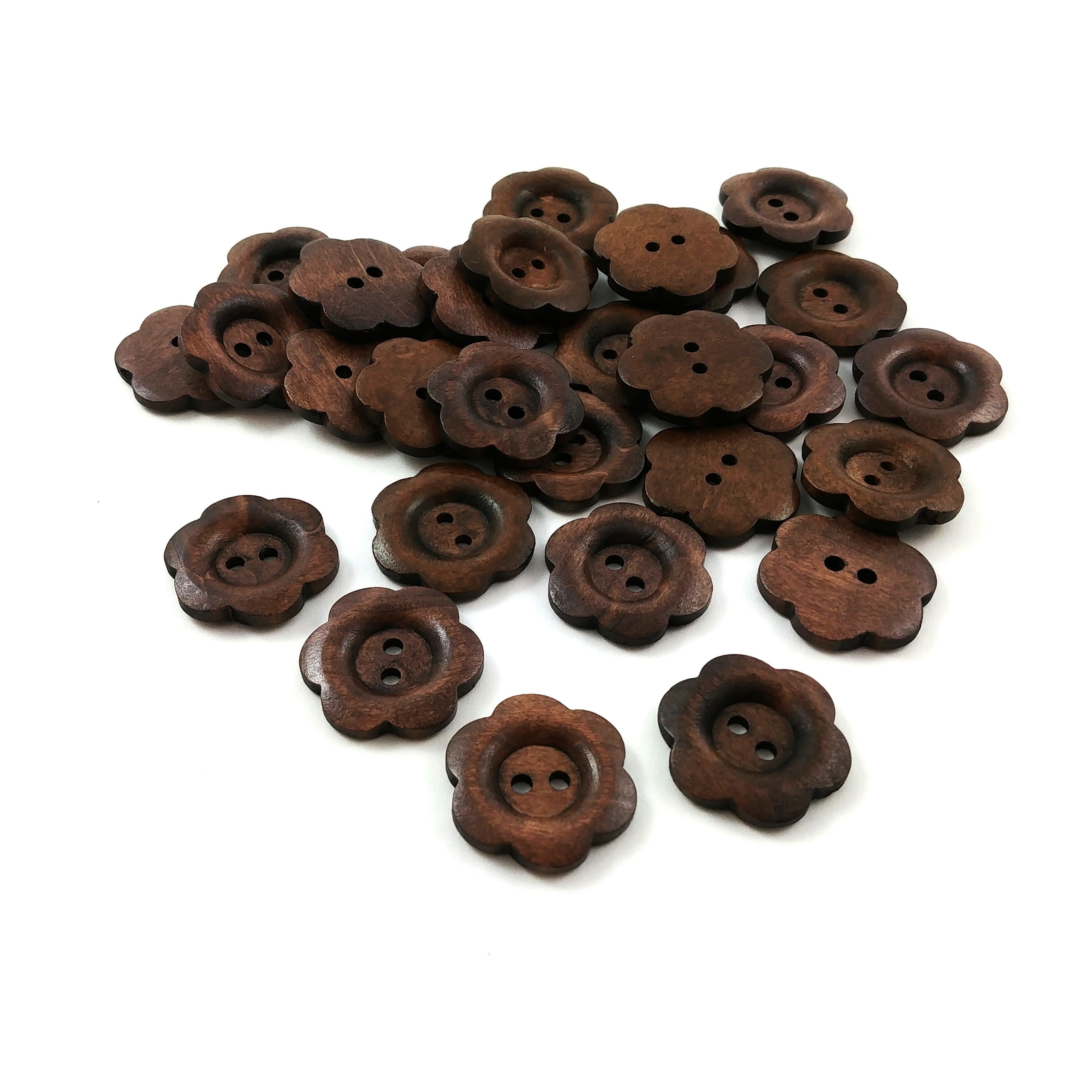 6 boutons de bois brun foncé fleur 25mm