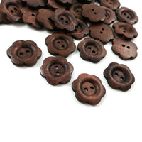 6 Dark brown flower wood button 25mm