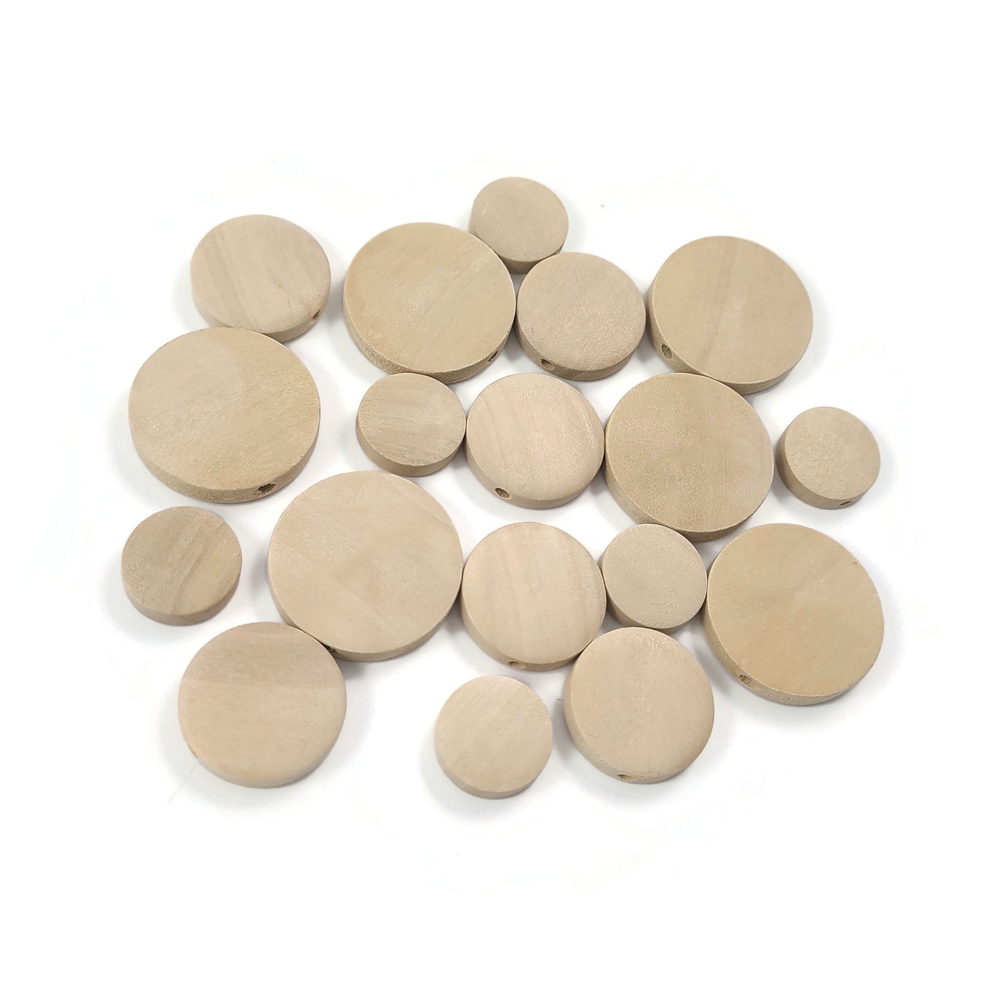 Flat wooden coin beads, Natural unfinished wood, Jewelry making