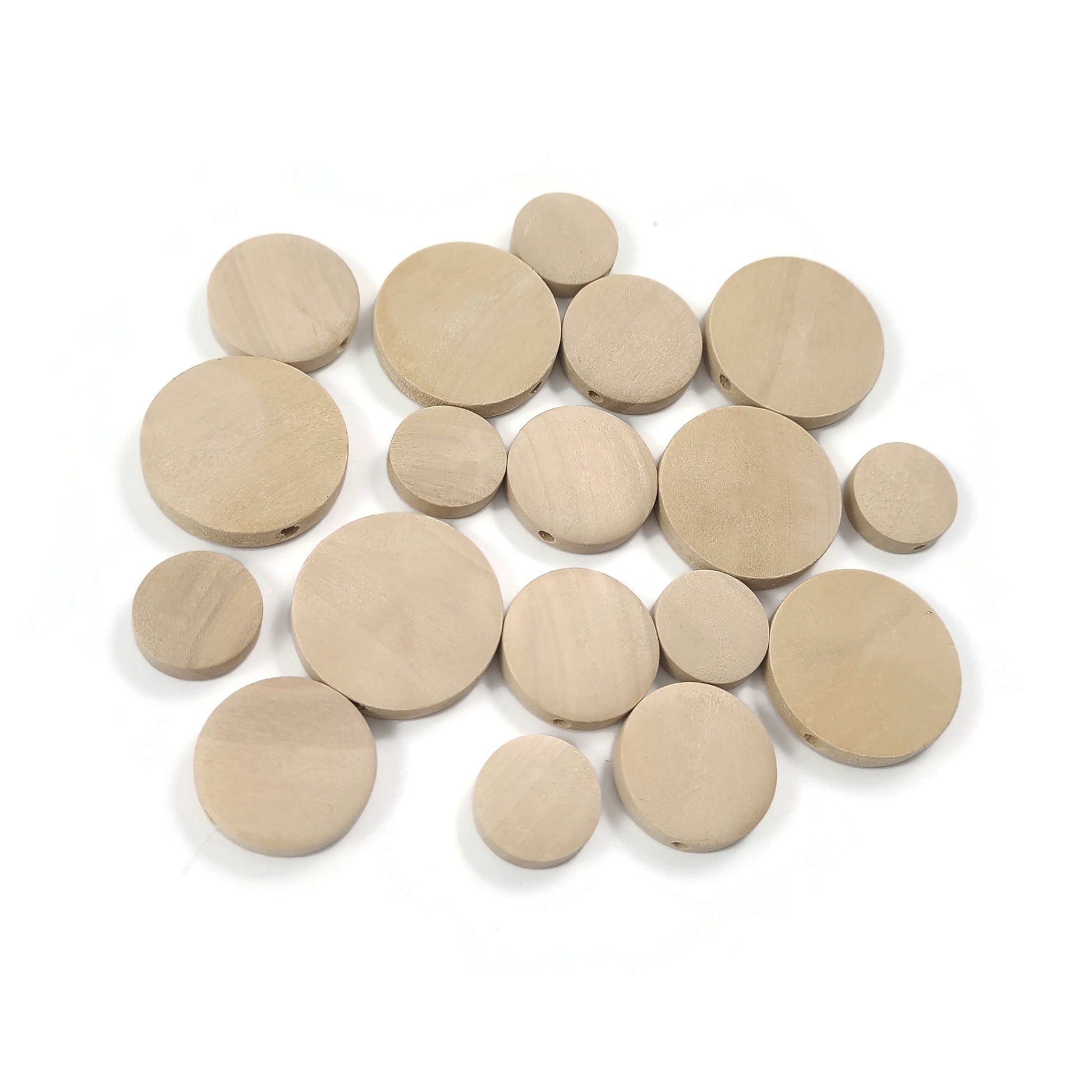Perles de bois naturel en rondelle de 15mm, 20mm ou 25mm