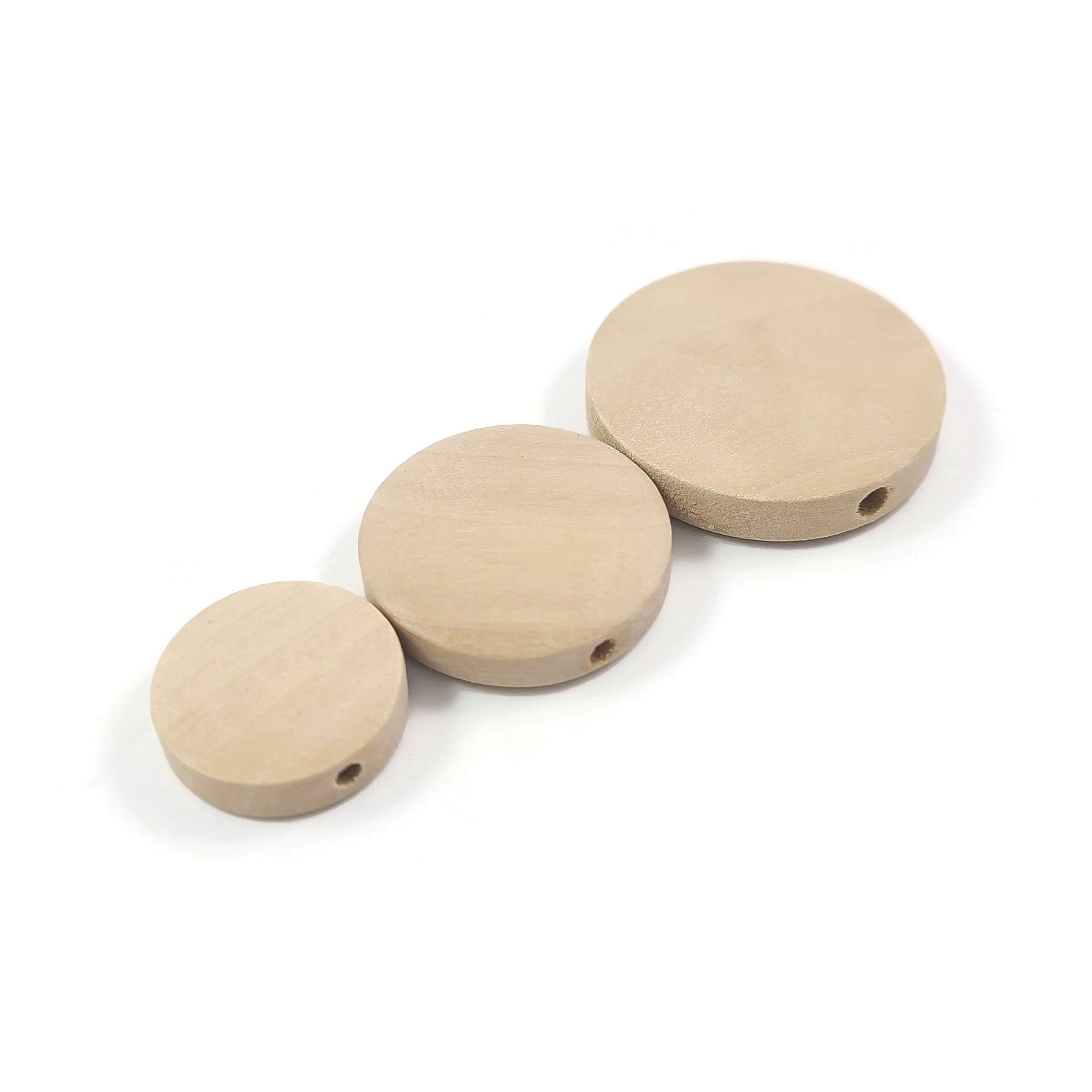 Flat wooden coin beads, Natural unfinished wood, Jewelry making