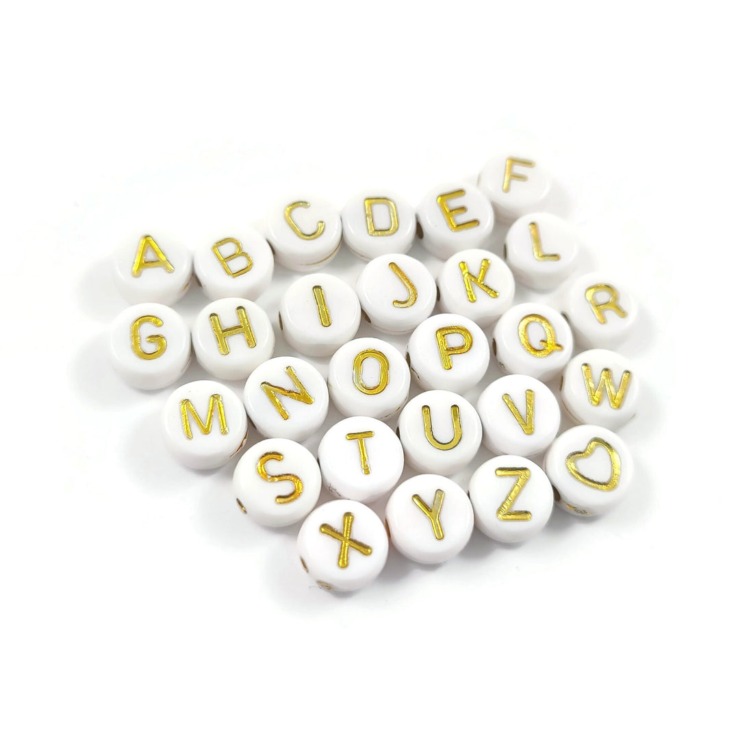 1 White and gold flat round letter bead
