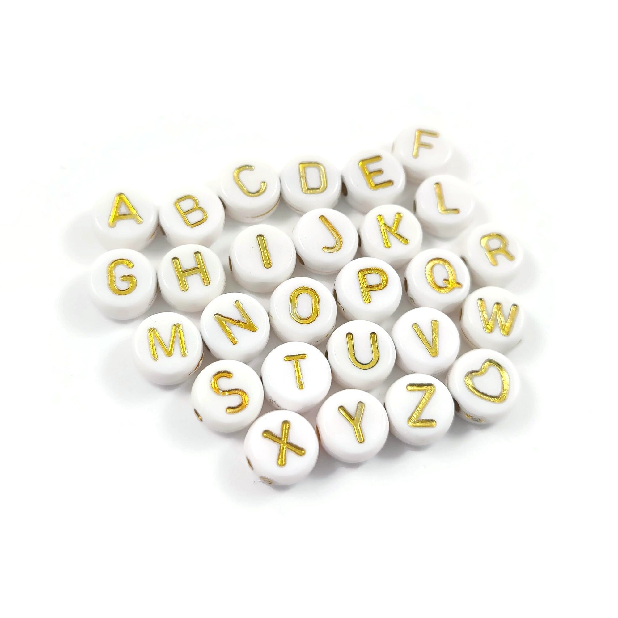 White and gold flat round letter beads