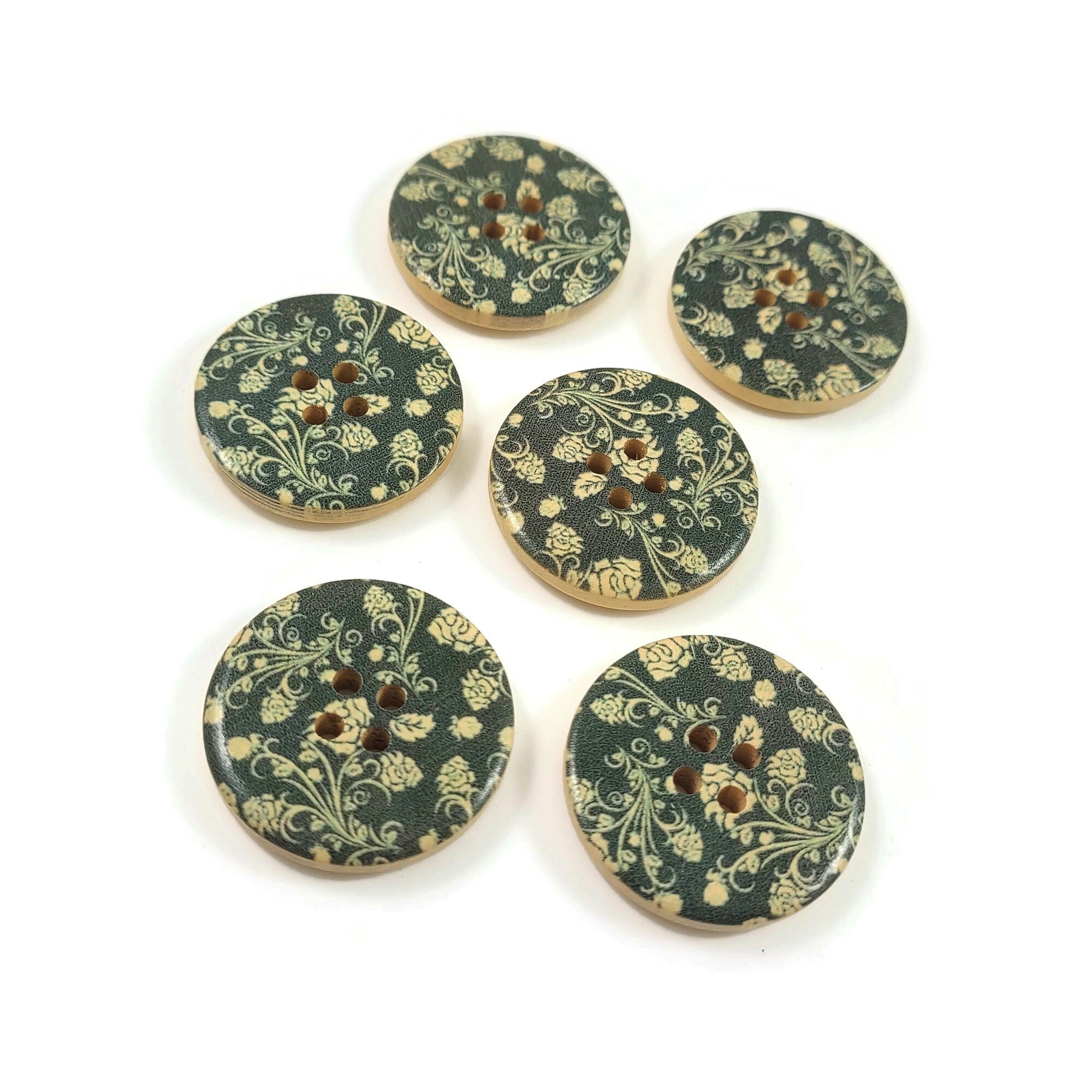 Black and Grey Flower Pattern Wooden Painting Buttons 3cm - Natural wood flowers color set of 6