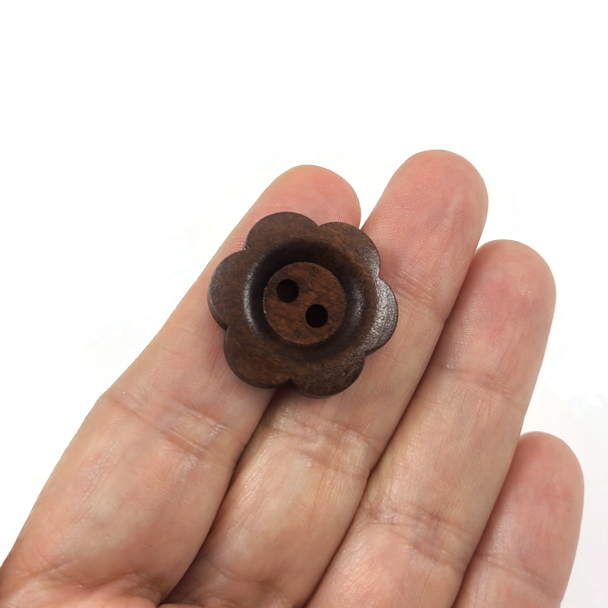 6 Dark brown flower wood button 25mm