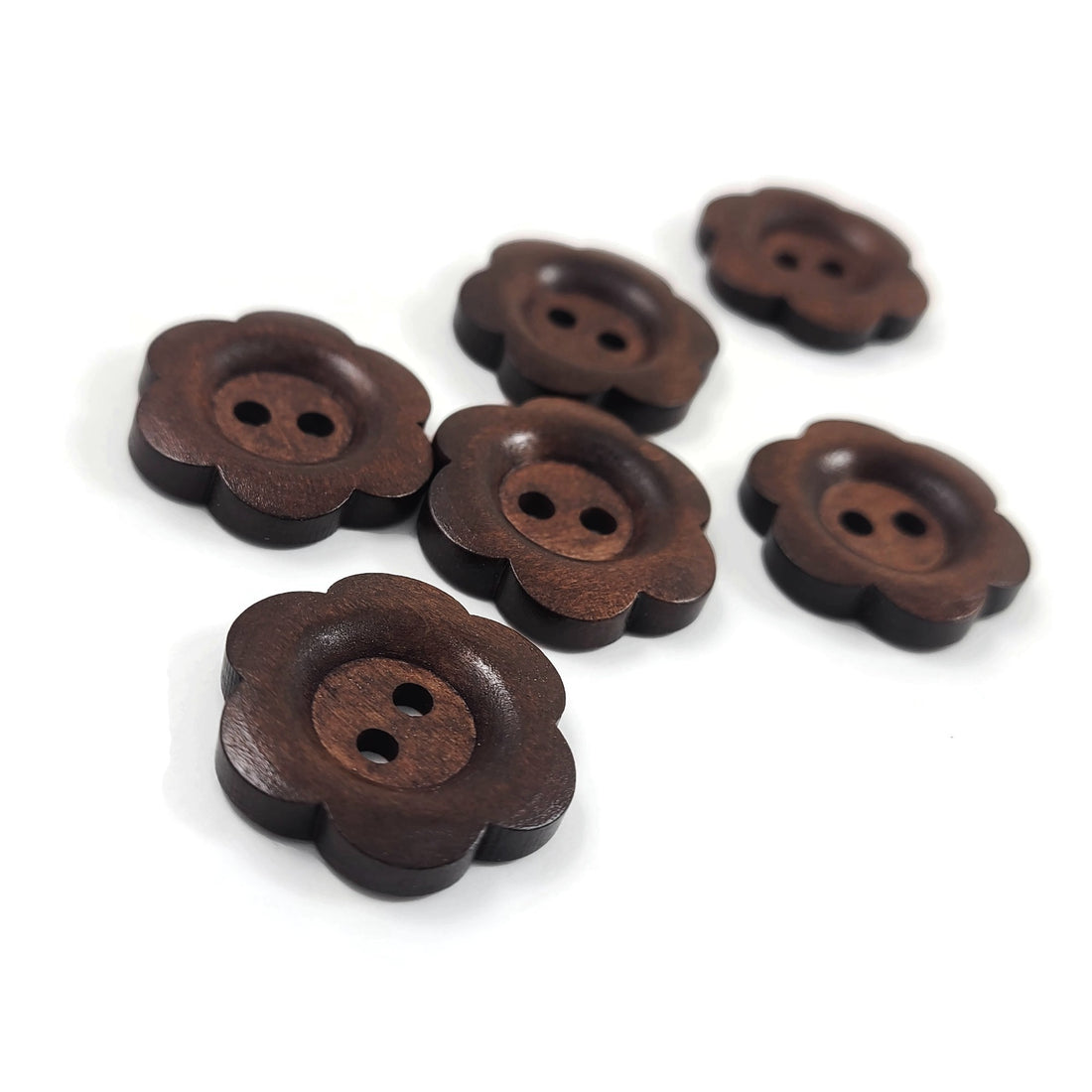 6 boutons de bois brun foncé fleur 25mm