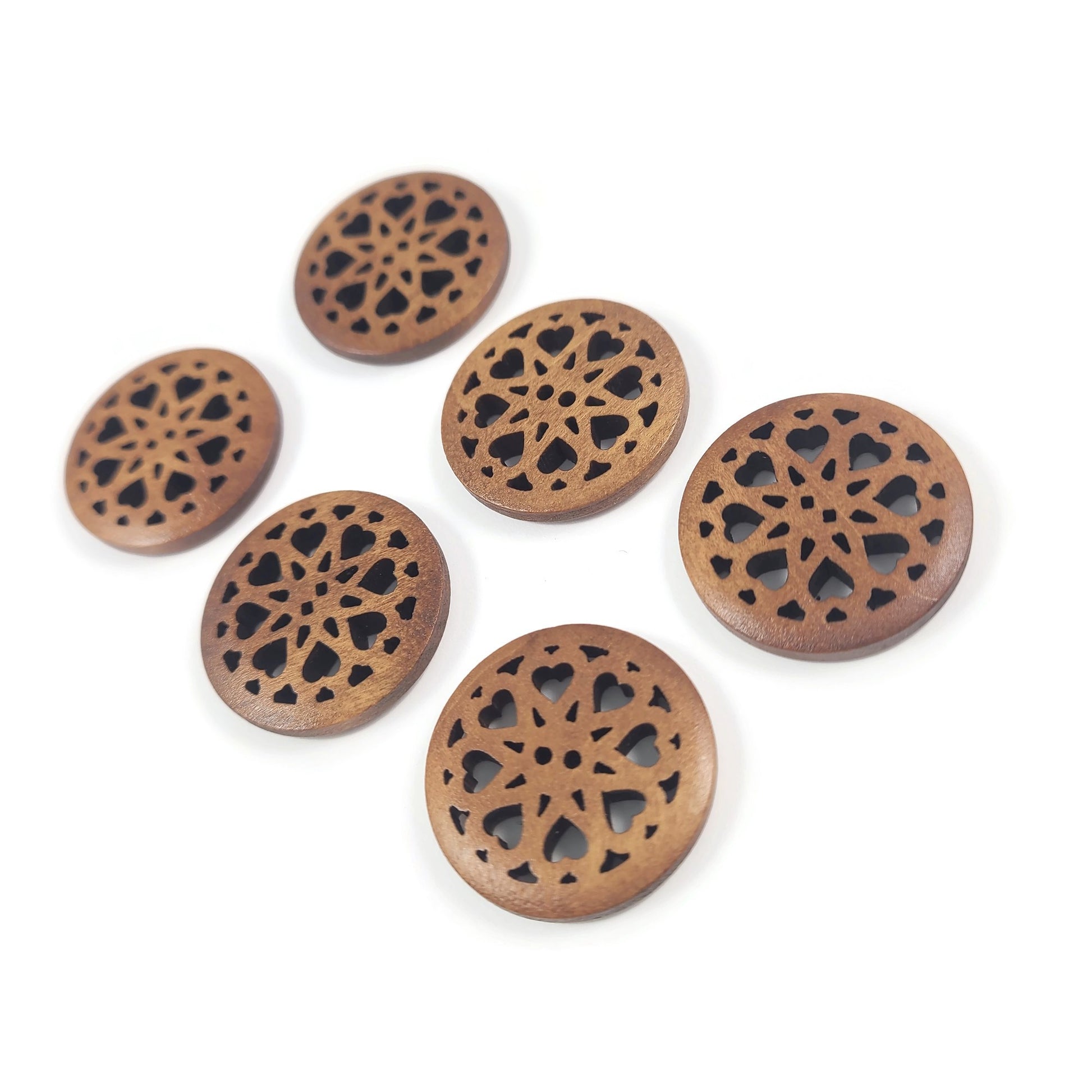 6 carved hollow wooden buttons 25mm