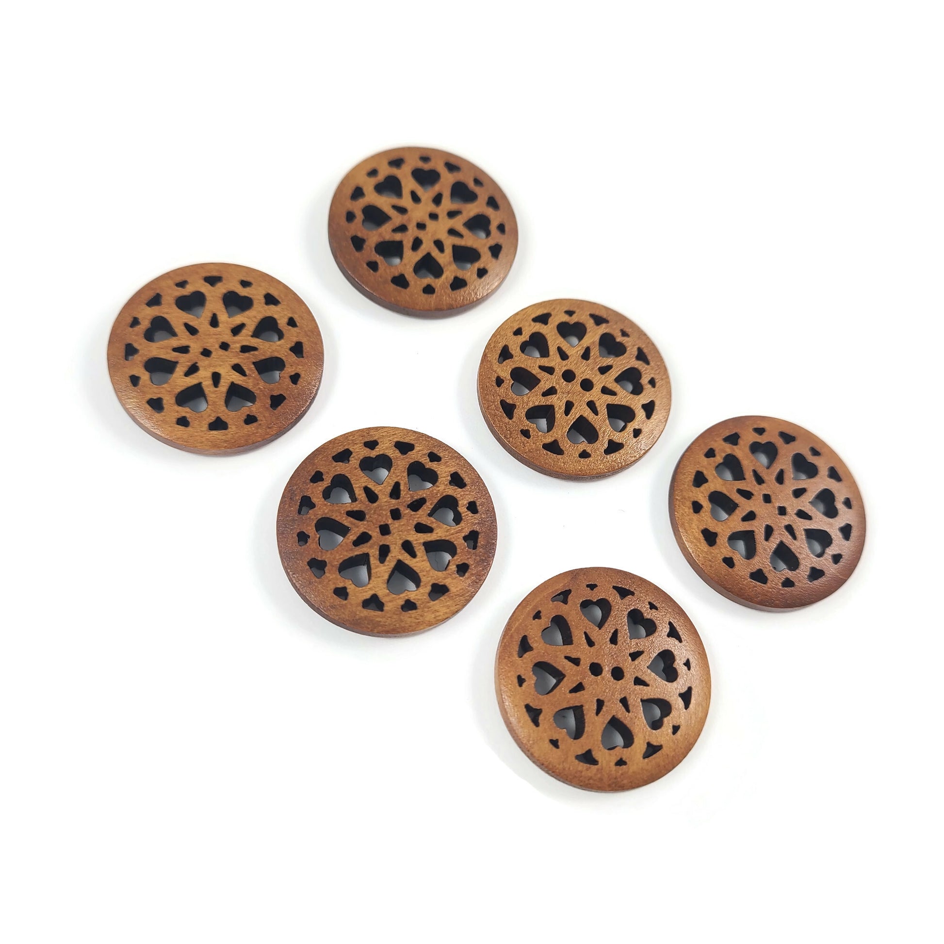 6 carved hollow wooden buttons 25mm