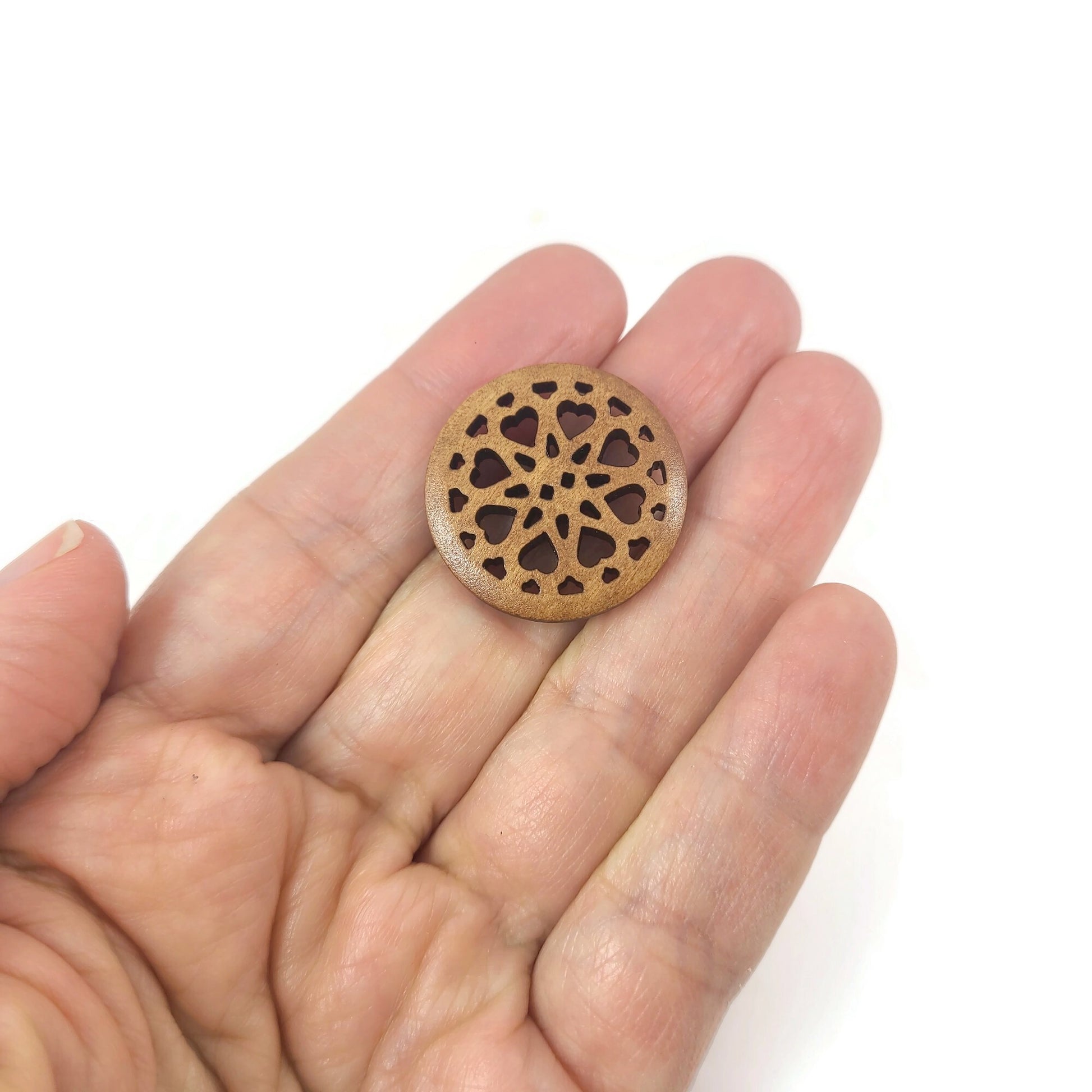 6 carved hollow wooden buttons 25mm