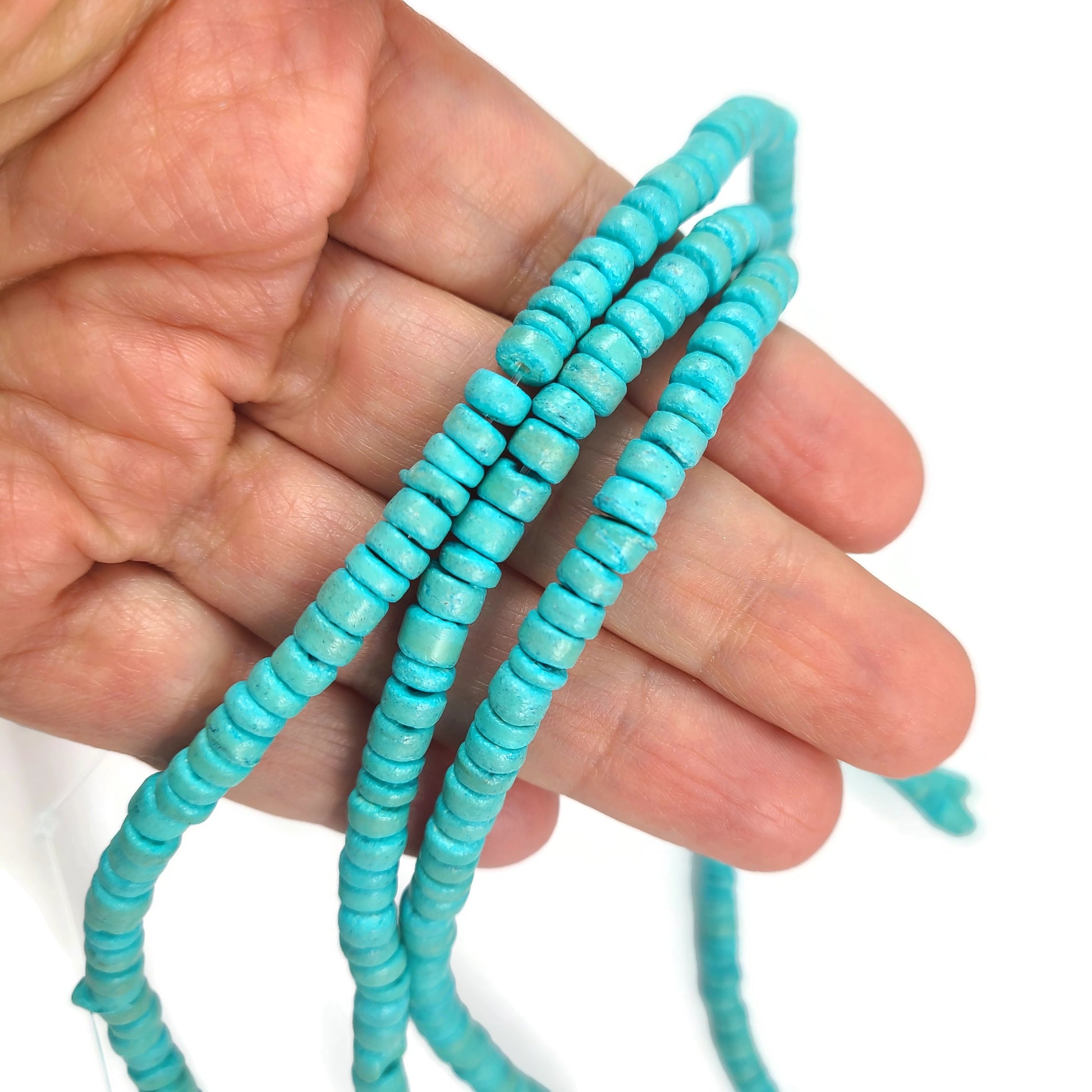 Turquoise coconut beads, 5mm wooden rondelle beads, rustic beads for jewelry making