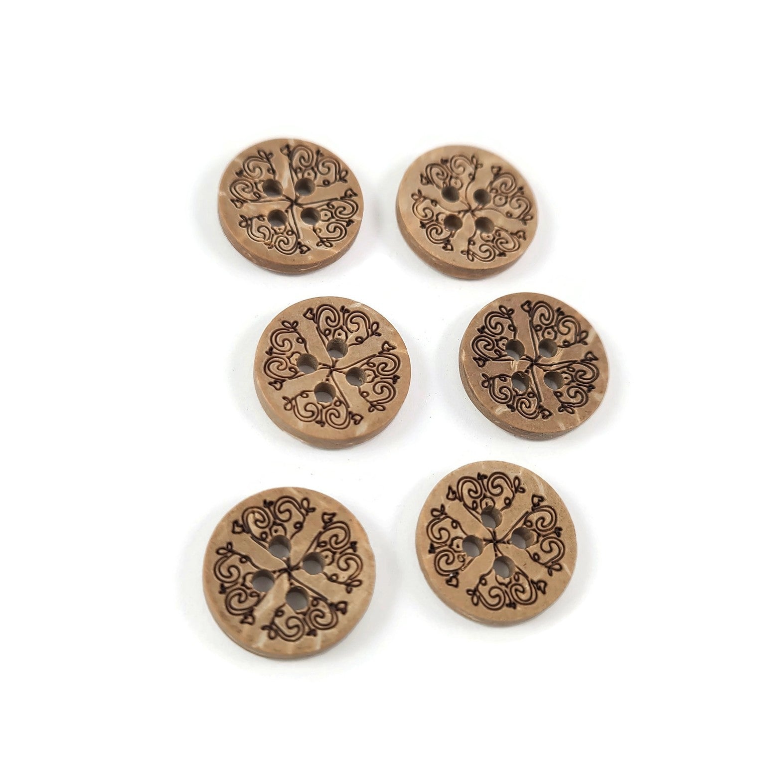 6 boutons à motifs floraux en noix de coco 13mm