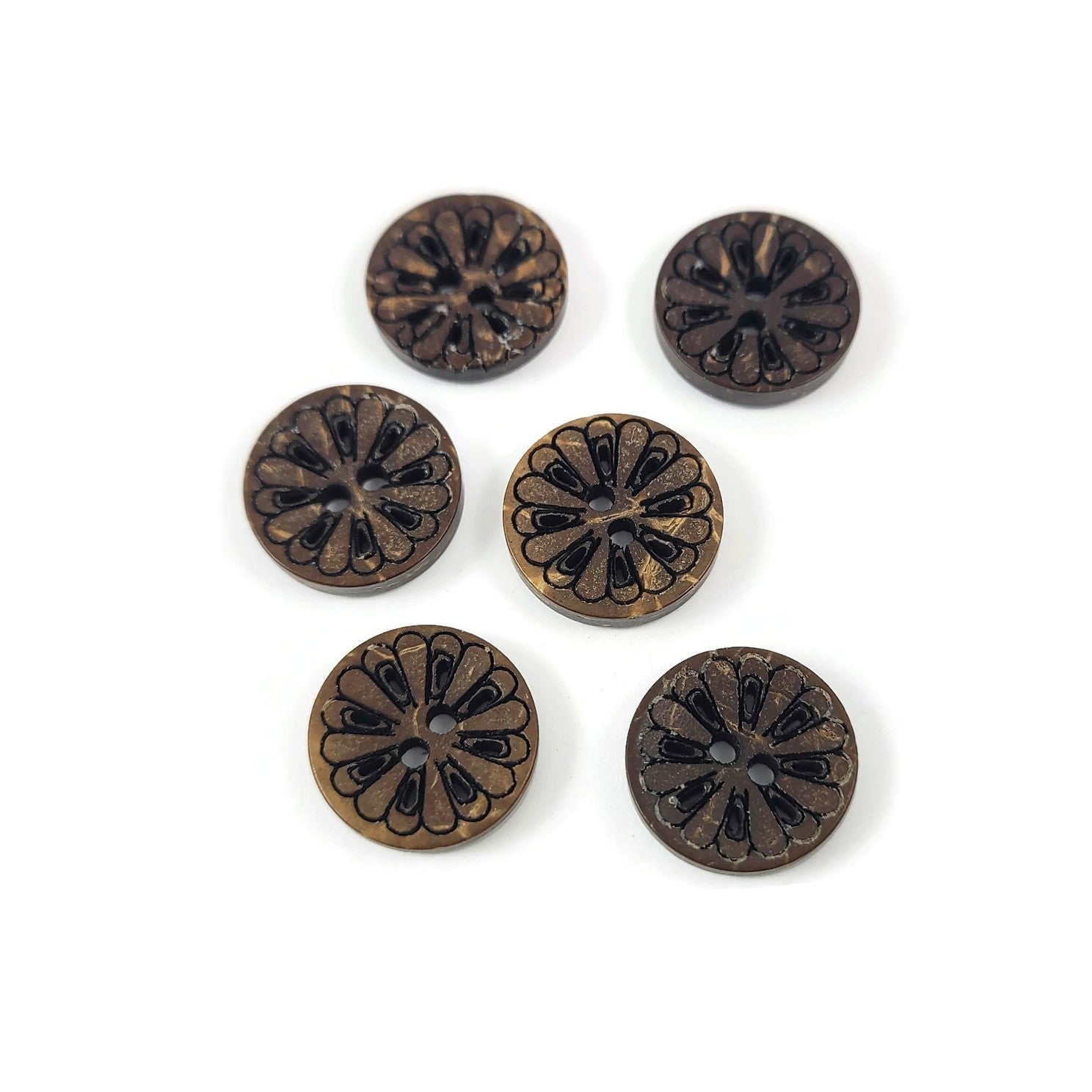 6 boutons fleurs rustiques en noix de coco 13mm