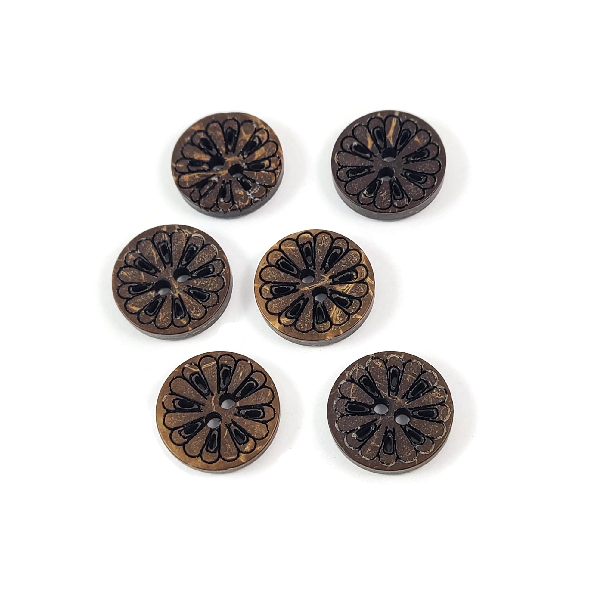 6 boutons fleurs rustiques en noix de coco 13mm