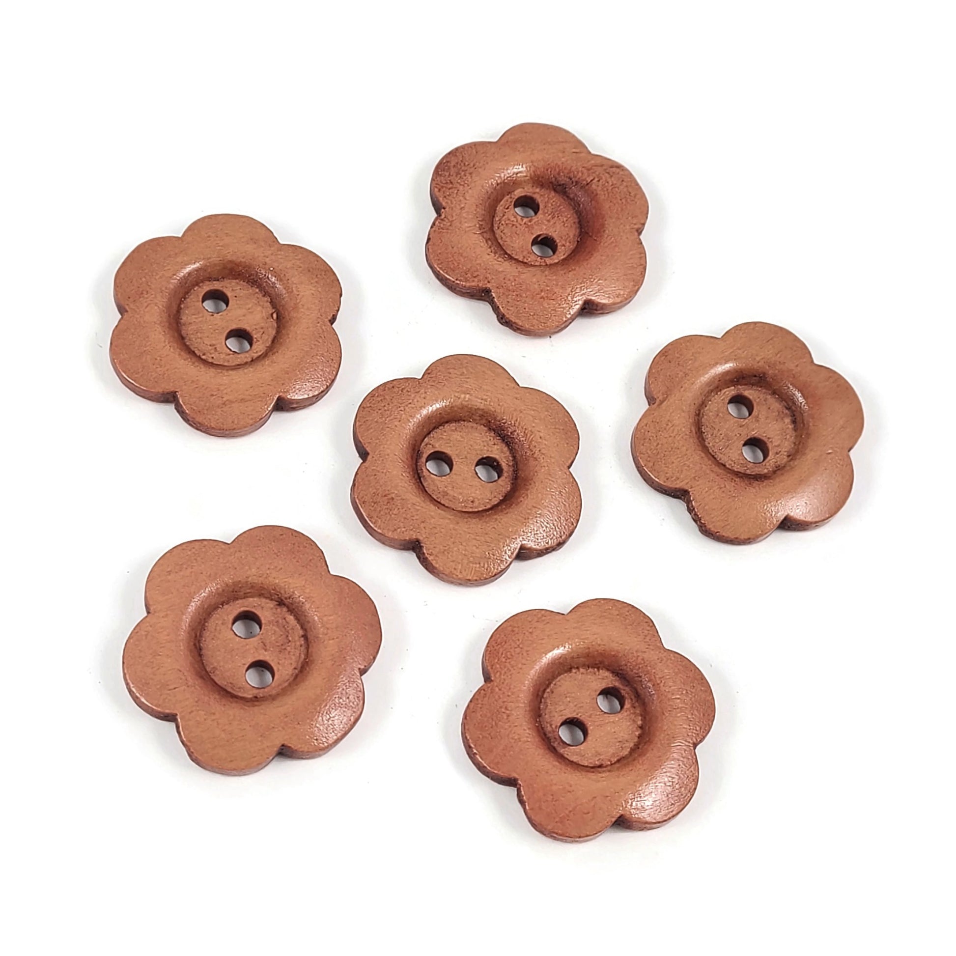 6 Light brown flower wood button 25mm