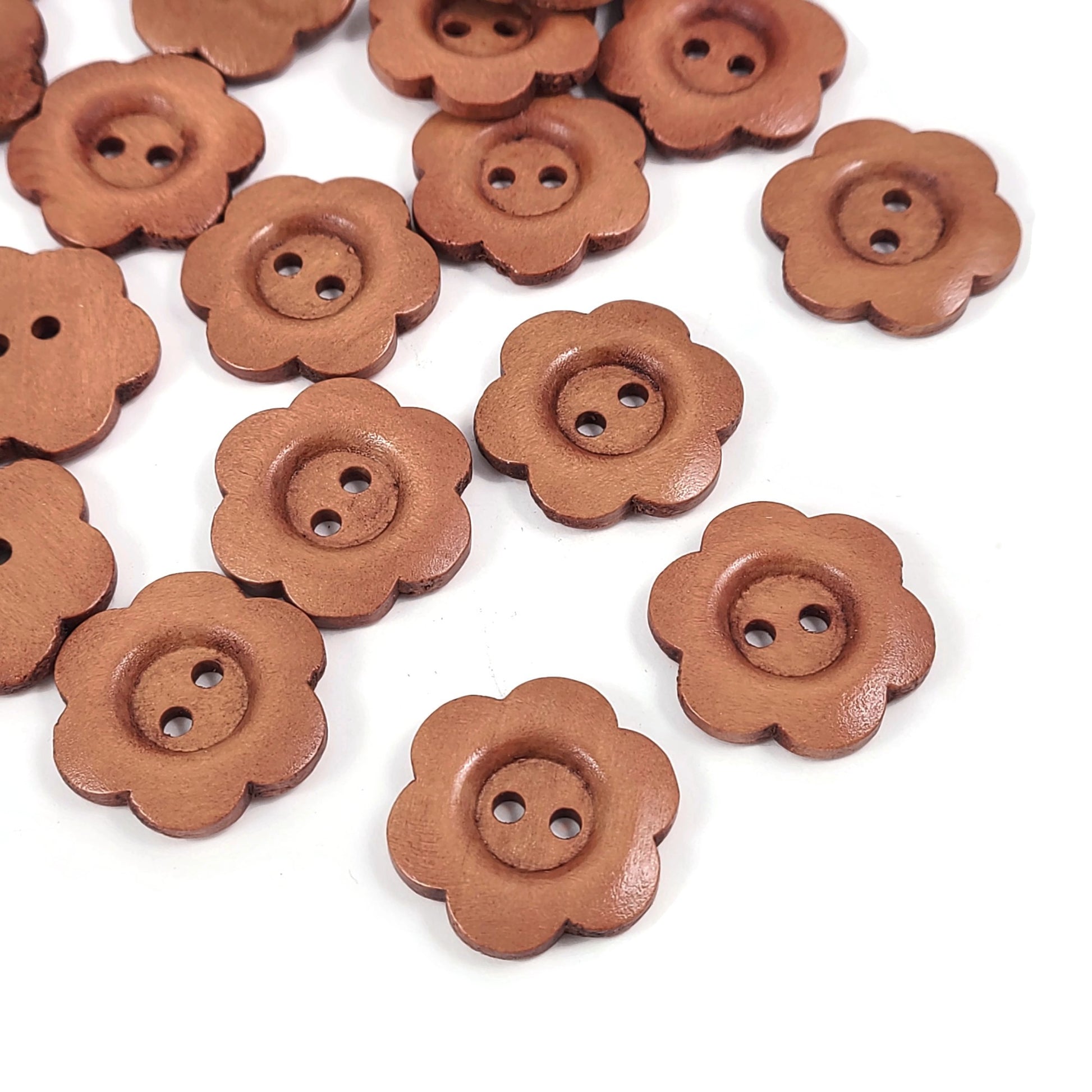 6 Light brown flower wood button 25mm