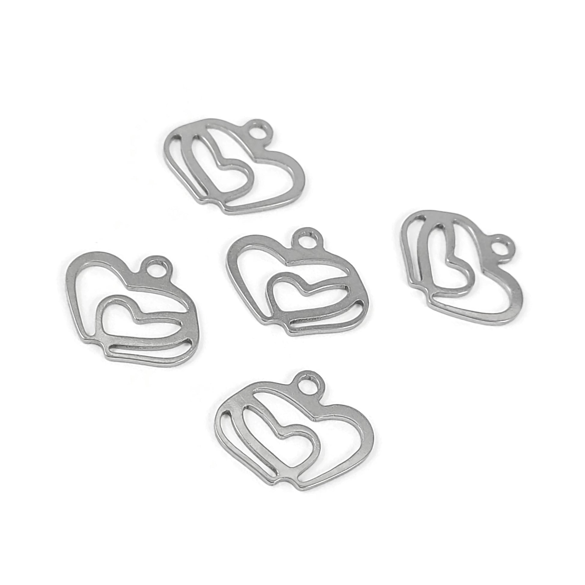 2 pendentifs double coeurs en acier inoxydable