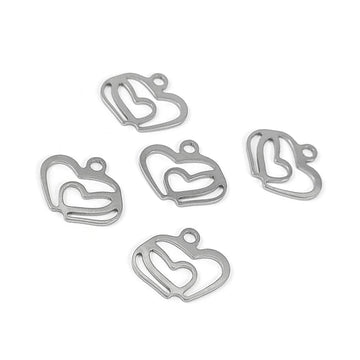2 pendentifs double coeurs en acier inoxydable