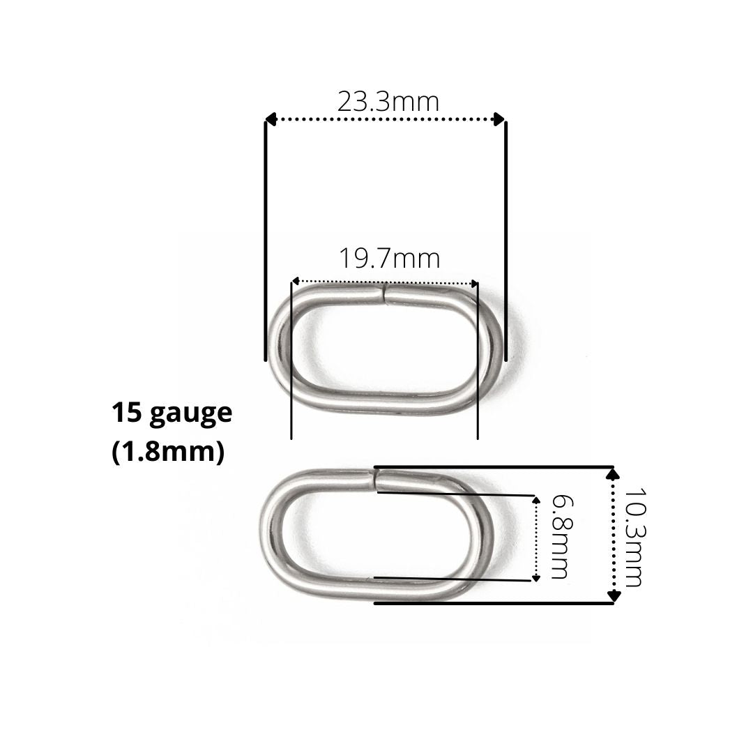 Gros anneau oval argent en acier inoxydable 19x10mm, lot de 10pcs