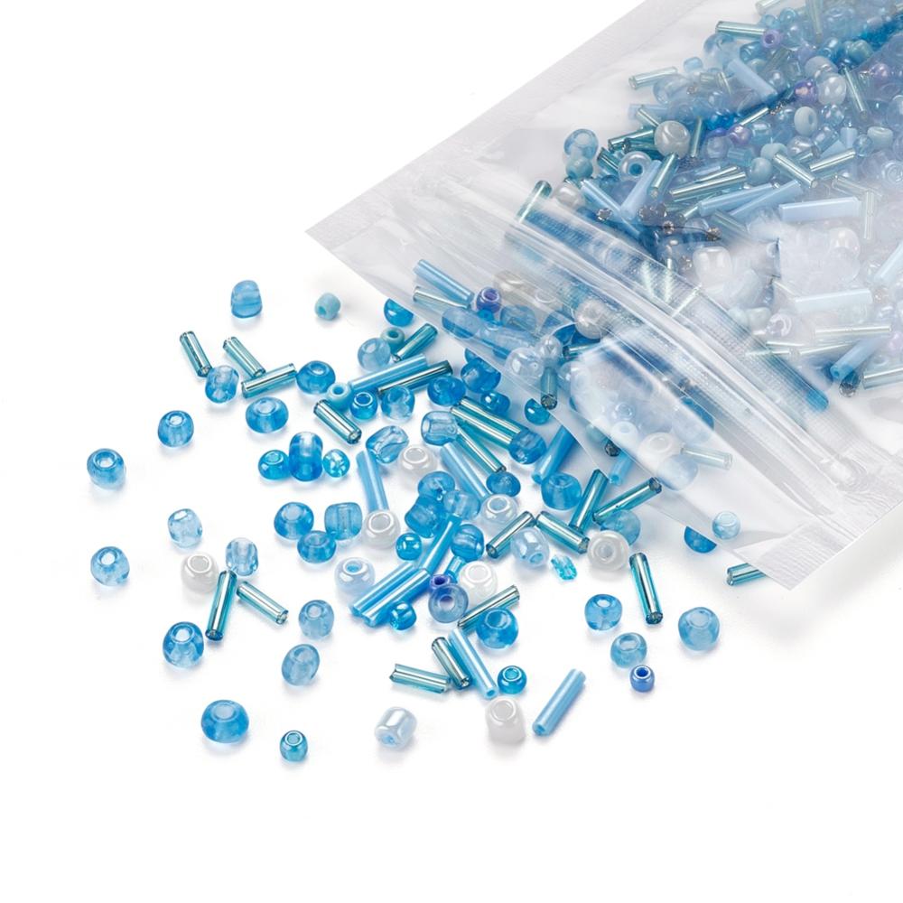 Aqua glass seed bead grab bag, Mixed shapes