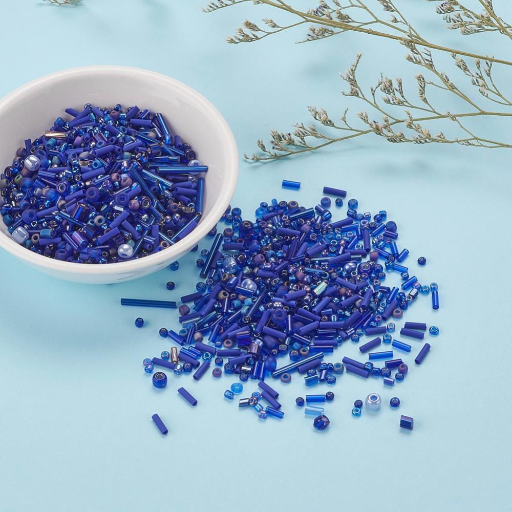 Blue glass seed bead grab bag, Mixed shapes