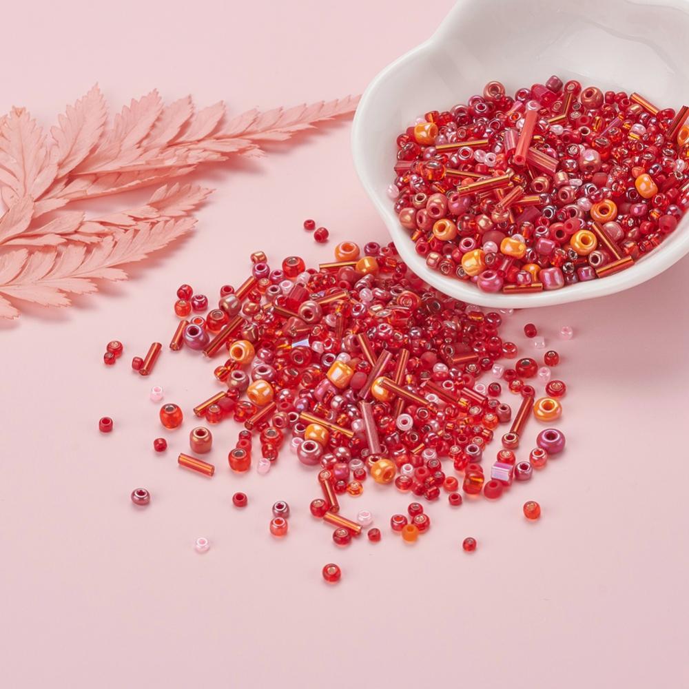 Red glass seed bead grab bag, Mixed shapes