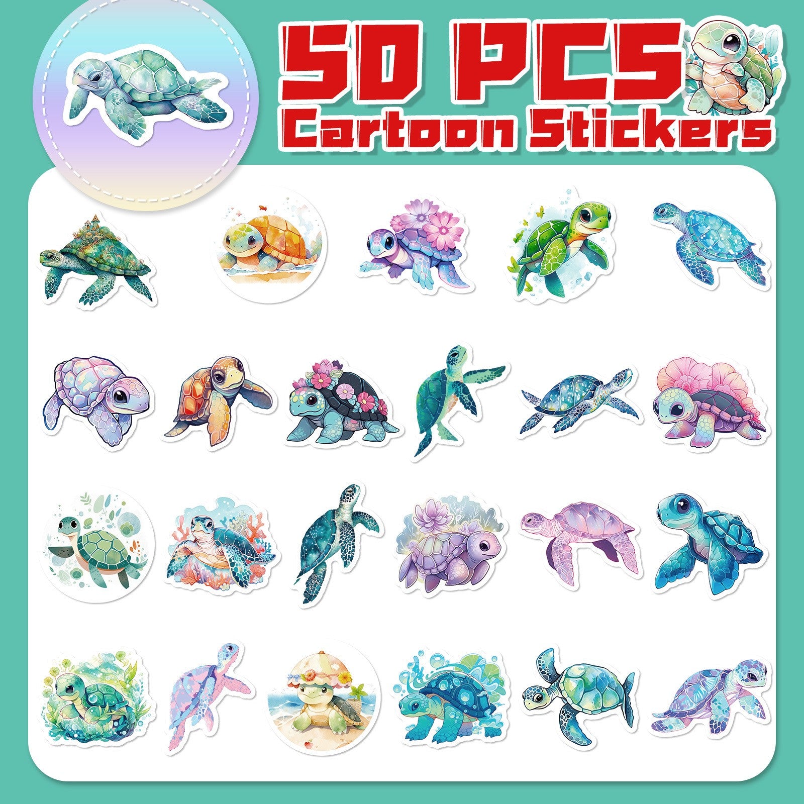 50 autocollants tortues en vinyle