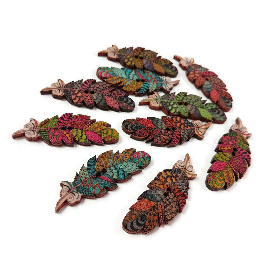 Boho feather wood sewing buttons - 6 Mixed Patterns scrapbooking buttons