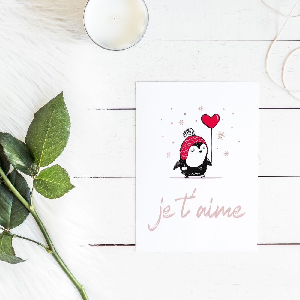 Carte JE T'AIME pingouin - Carte de St-Valentin à imprimer - Téléchargement instantané
