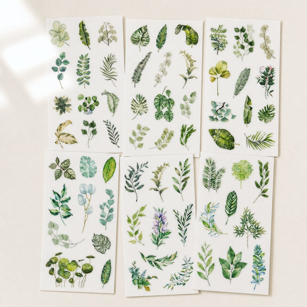 6 feuilles d'autocollants - Feuillages verts