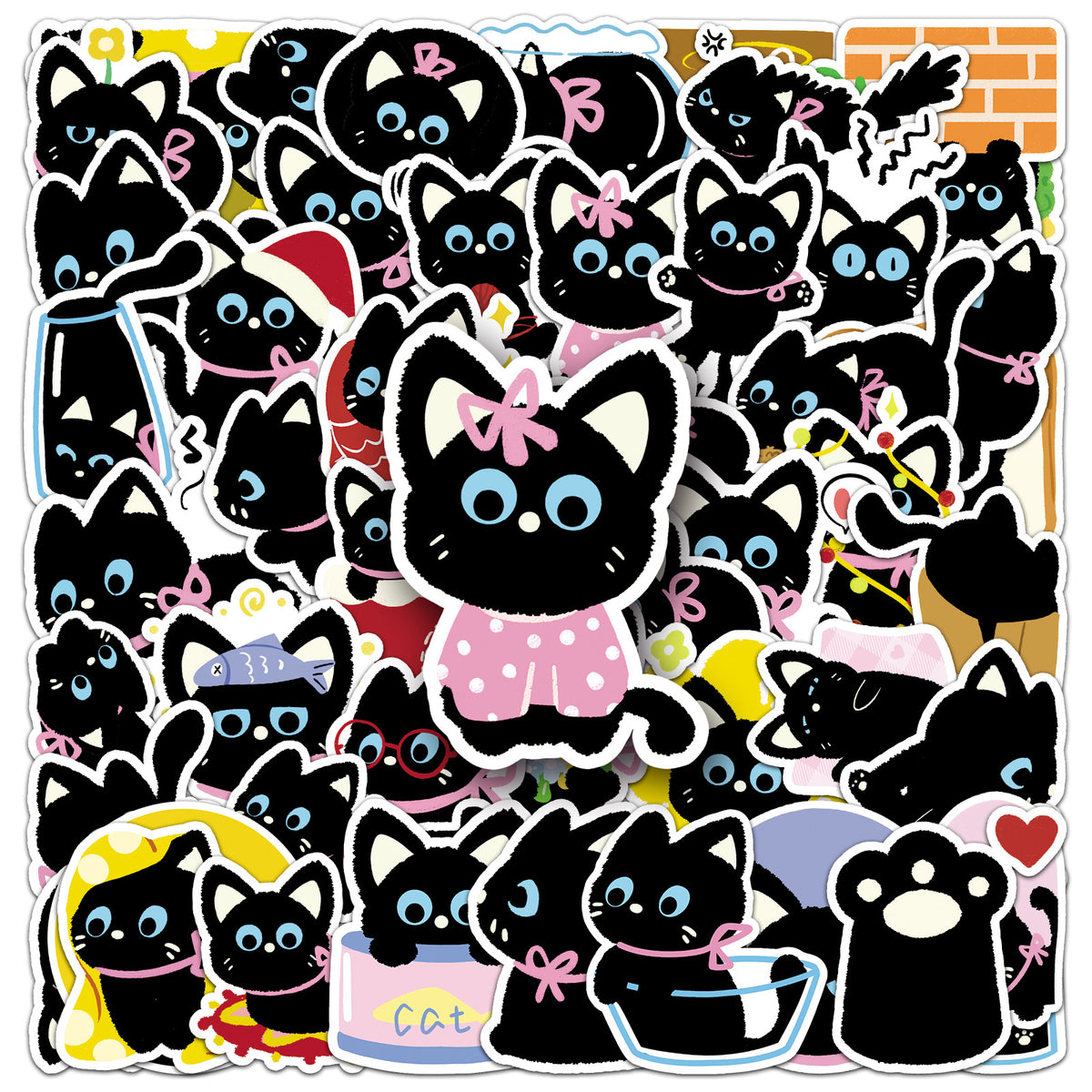 50 cute black cat vinyl sticker pack