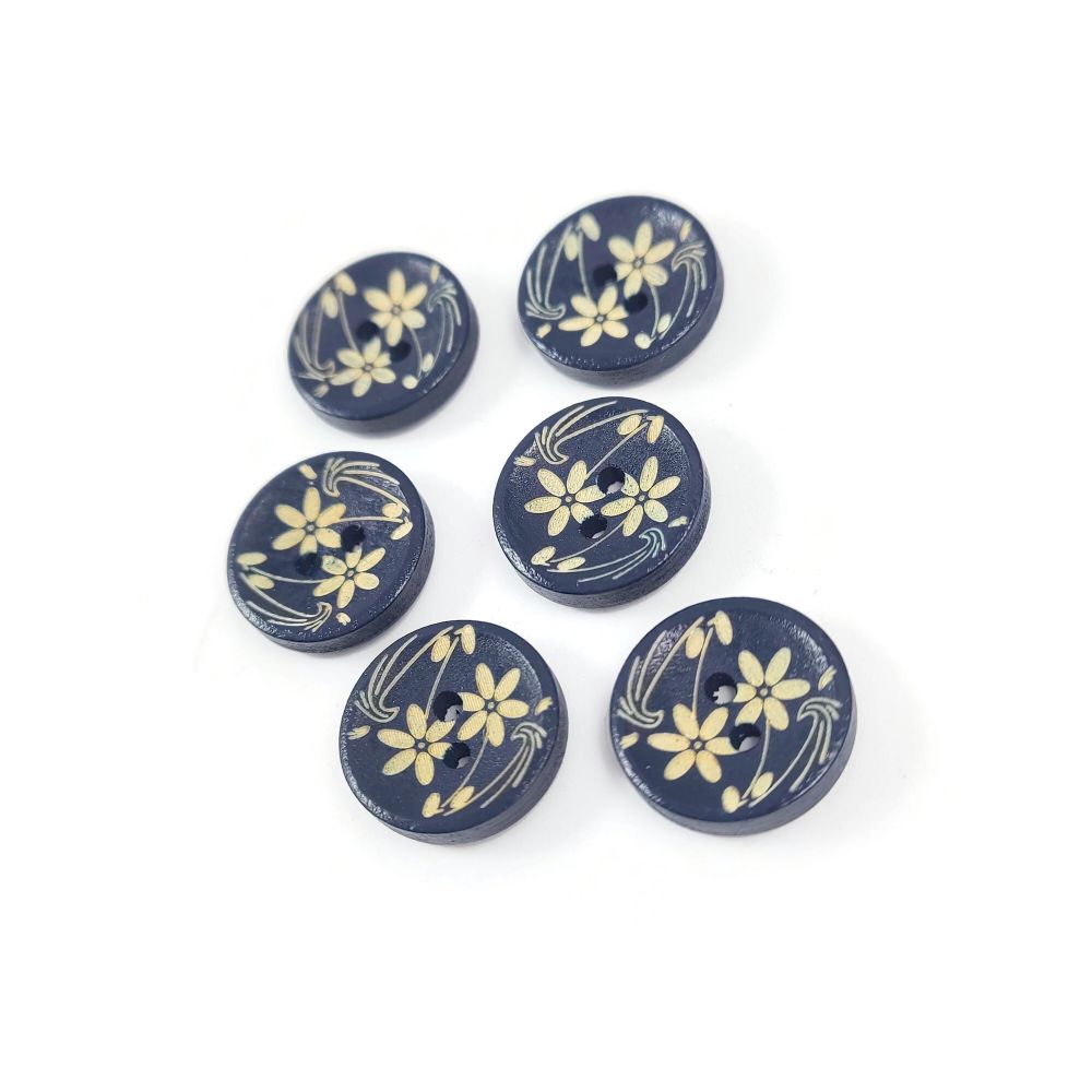 6 dark blue wooden button - brown flowers pattern 15mm