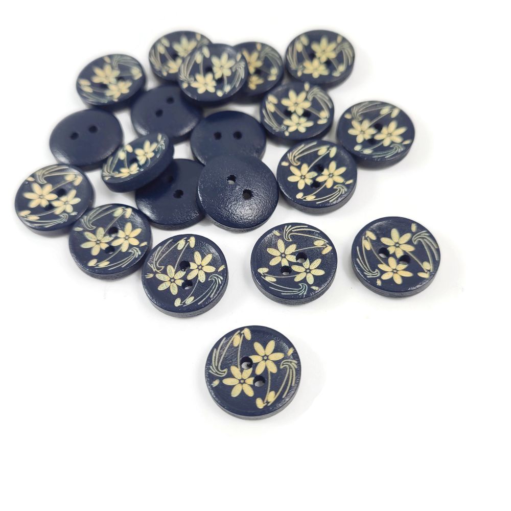 6 dark blue wooden button - brown flowers pattern 15mm