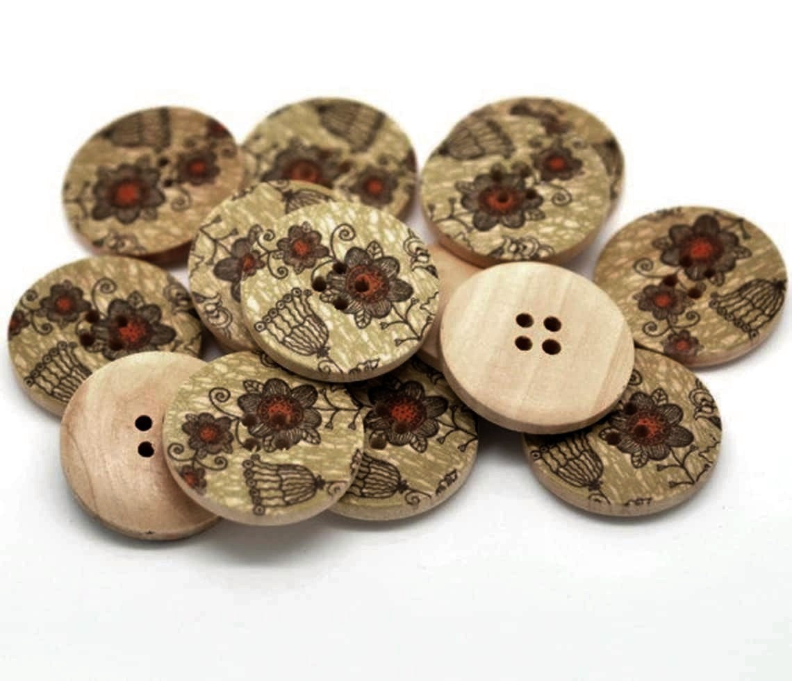 Khaki and Pumkin Wooden Buttons 30mm - Natural wood flowers pattern painting sewing button set of 6