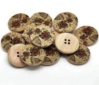 Khaki and Pumkin Wooden Buttons 30mm - Natural wood flowers pattern painting sewing button set of 6