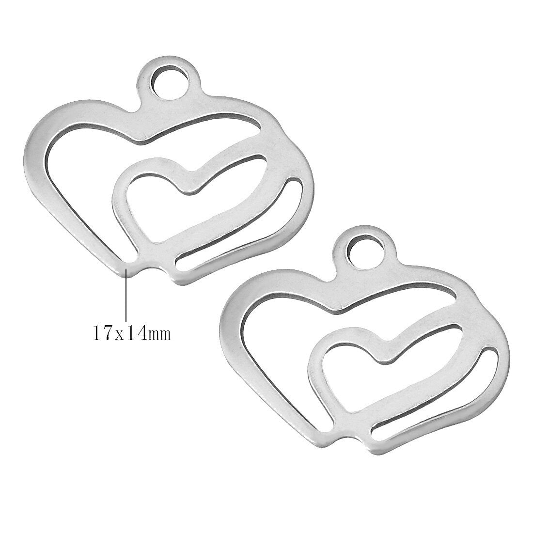 2 pendentifs double coeurs en acier inoxydable