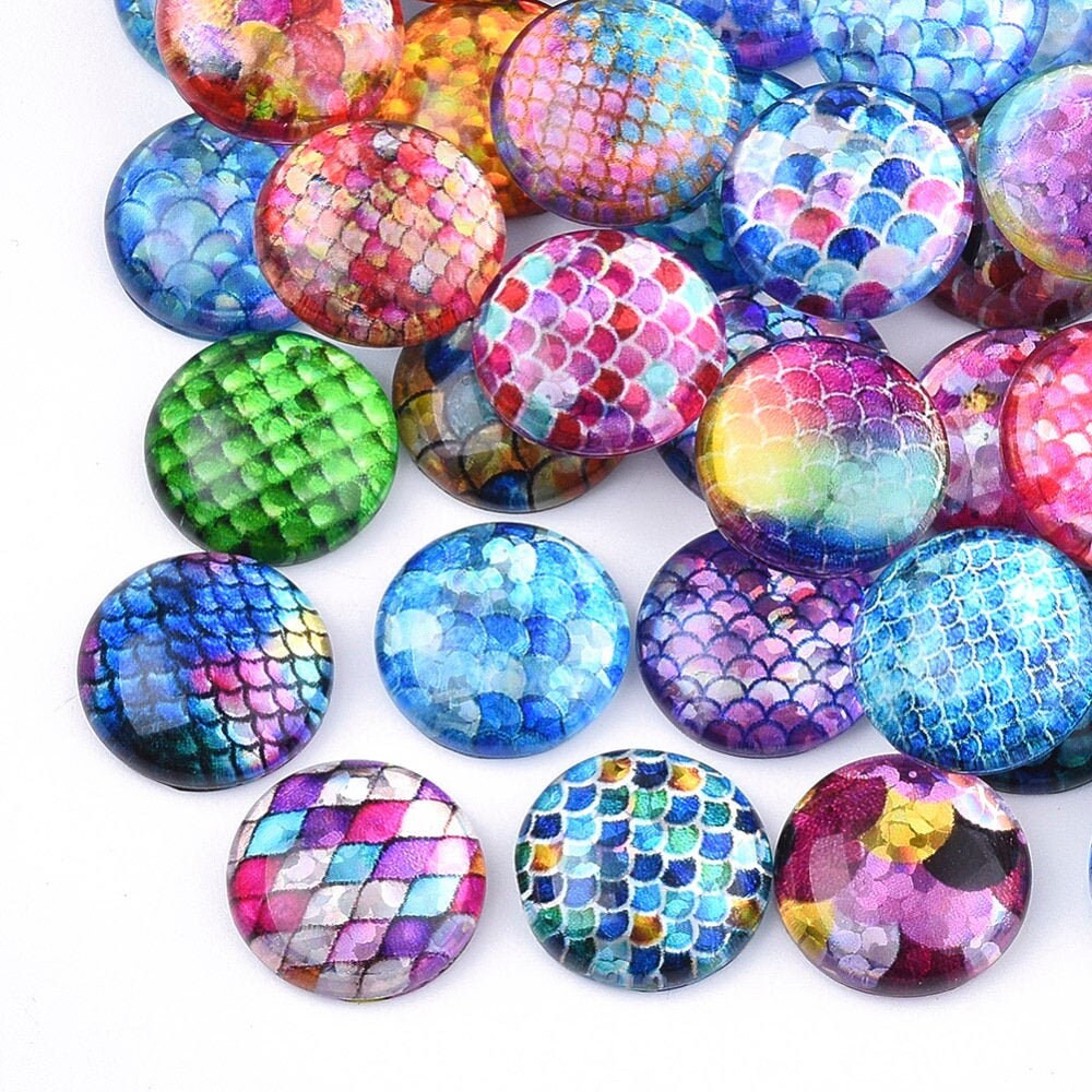 Mixed glitter mermaid glass cabochons - set of 35 round dome cabochons - 12mm