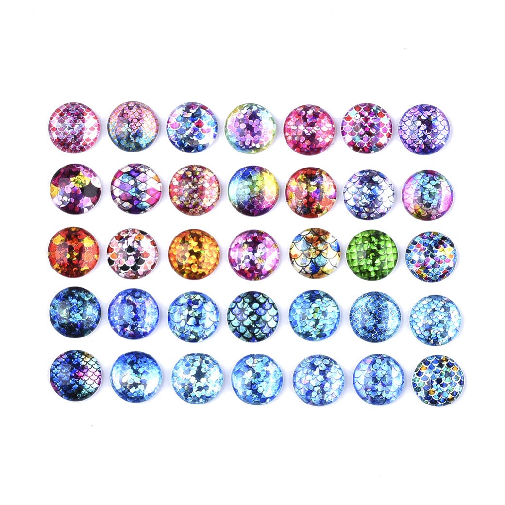 Mixed glitter mermaid glass cabochons - set of 35 round dome cabochons - 12mm