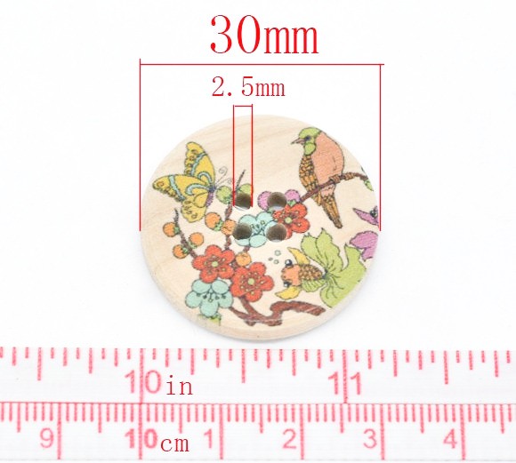 Bouton de bois avec oiseau et feuillages - ensemble de 6 boutons de 3cm