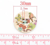 Bouton de bois avec oiseau et feuillages - ensemble de 6 boutons de 3cm