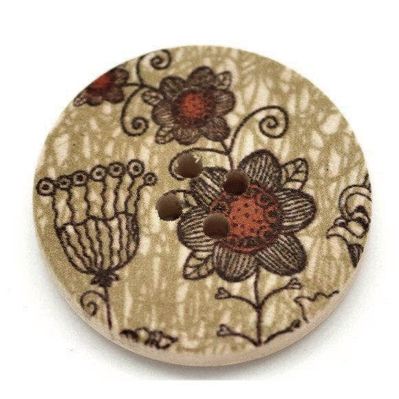 Khaki and Pumkin Wooden Buttons 30mm - Natural wood flowers pattern painting sewing button set of 6