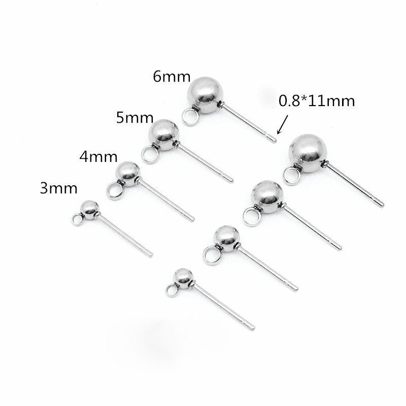 Stainless steel earring posts finding w/ white plated loop & 4mm