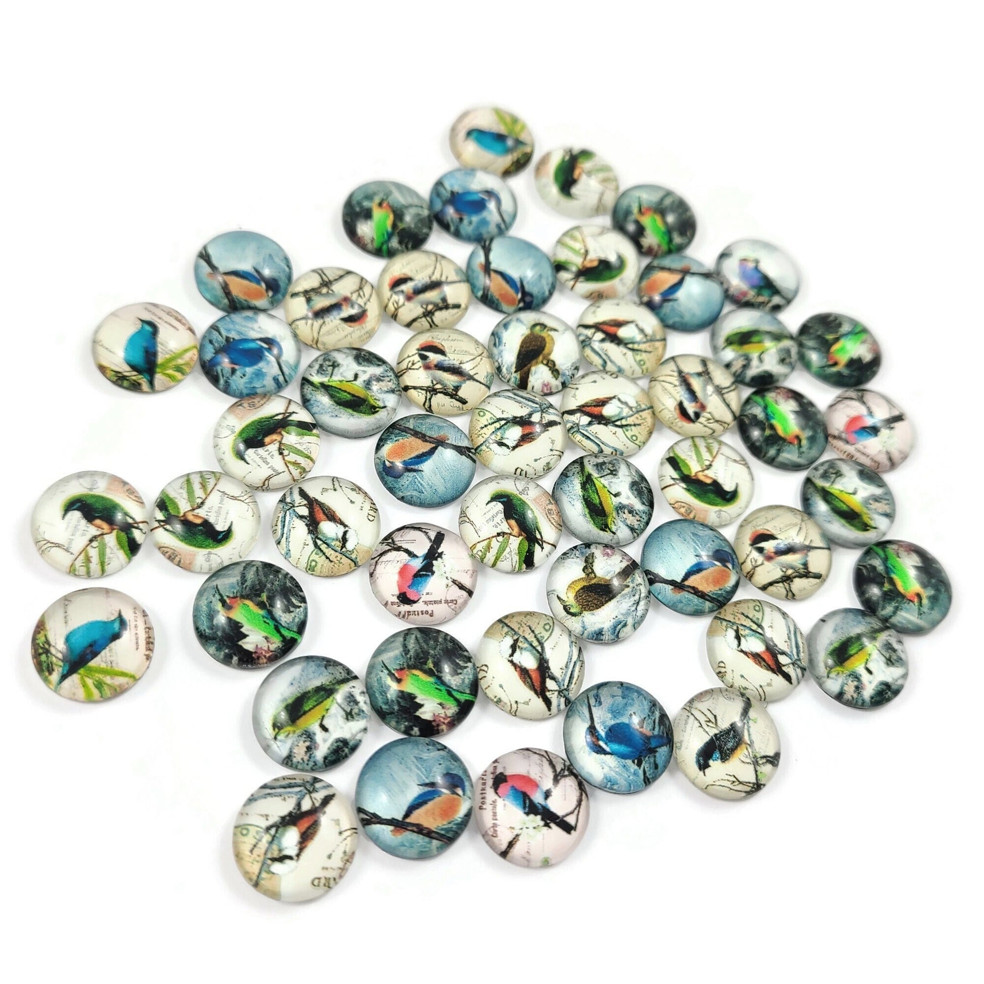 50 mixed bird, 12mm glass cabochons